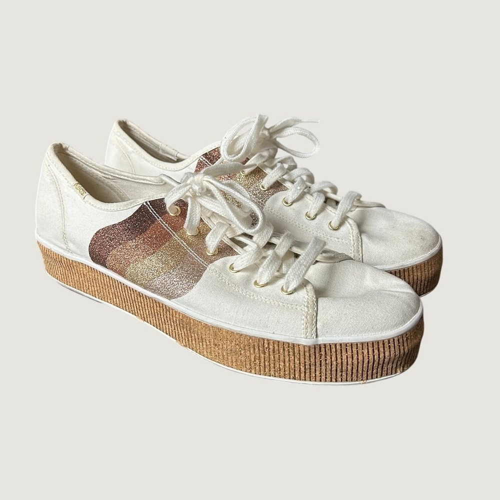 Keds Triple Up Platform Sneakers Cream Canvas Glitter Wave WF65997 Womens 10